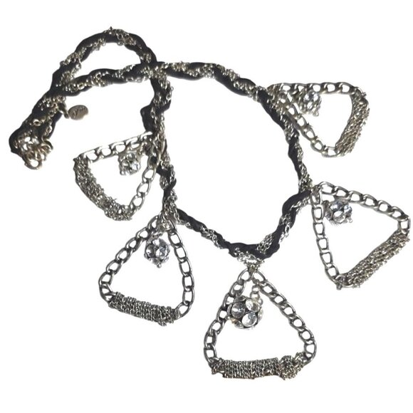 Vintage Necklace Efm Handmade Silver-Tone Statement Chain Rhinestone Black Rope - Picture 1 of 6